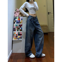 LIZAKOSHT - Washed Denim High Waist Wide Leg Jeans Women's Spring New Splicing Floor-Length Pants Retro High Street Style