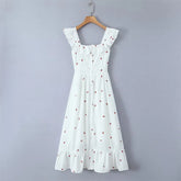 LIZAKOSHT - Women French Front Button Strawberry Print White Sexy Elegant Dress Flying Sleeve Square Neck Female Summer Party Robe