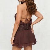 LIZAKOSHT - Women Ruffle Halter Neck Mini Dress Mock Neck Open Back Tiered Dress Y2K Mesh Layered Dresses Cocktail Evening Wear
