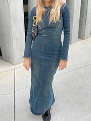 LIZAKOSHT - Fashion Women Denim Dress Vintage Blue Long Sleeve Back Zipper Dresses For Women Spring Causal Slim Fit Ladies Long Dresses