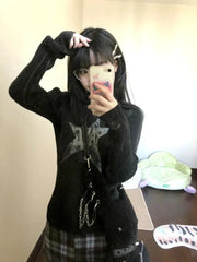 LIZAKOSHT - Grunge Y2K Star Sweater Women Vintage 90s Streetwear Slim Long Sleeve Knitted Tops Retro Harajuku Gothic Jumper Female