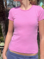 LIZAKOSHT - Pink Striped Slim T-shirts Woman Summer Round Neck Short Sleeve Tee Shirts Female Sweet Cute Preppy Style Cotton Tshirt Y2k Tops