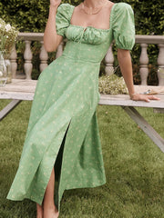 Floral Print Puff Sleeve Ruched Dress, Casual Square Neck Split Hem Dress For Spring & Summer, Women's Clothing