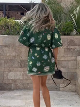 LIZAKOSHT - Printed Women's Short Dresses Single Breasted Turn-Down Collar Dress Lace Up Waist Slim Fit Ladies Out Suits High Street Clothes