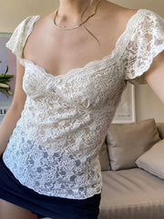 LIZAKOSHT - Summer Y2k Aesthetic Sexy Slim Crop Top Lace Jacquard Bottoming Women T-shirt See Through Bandage Harajuku Vintage Tee Shirts