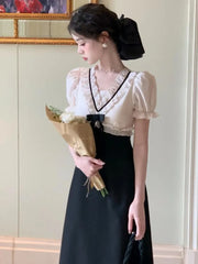 LIZAKOSHT - Women Elegant V-neck High Waist Patchwork Midi Dress Female Puff Sleeve Ruffle France Dress Female Holiday Beach Dress