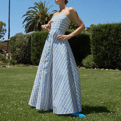 LIZAKOSHT - Women Y2k Graphic Maxi Tube Dress Off the Shoulder Striped Flowy Dress Bohemian Backless Beach Sundress