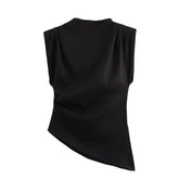 LIZAKOSHT - Fashion Sleeveless T-Shirt Women's Sexy Irregular Pleated Cropped Top 2025 Summer Woman Pullover Round Neck Vest T-Shirt