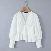 LIZAKOSHT - Women French style Through Buttons Full Lantern Sleeve White Blouses Sweet V neck Corset Style Ruffles Hem Asymmetric Shirt