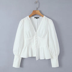 LIZAKOSHT - Women French style Through Buttons Full Lantern Sleeve White Blouses Sweet V neck Corset Style Ruffles Hem Asymmetric Shirt