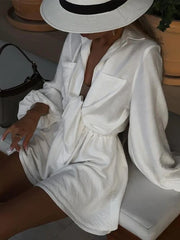 LIZAKOSHT - Women's Ruffle Edge Shorts Long Sleeved Set Lapel V-neck Casual Shirt Single Breasted Elastic Cuffs Top Women's Clothing