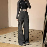 LIZAKOSHT - Korean Cargo Pants For Women High Waist Pockets Casual Fashion Trousers New Bottoms High Waist Black Vintage Pantalon Femme