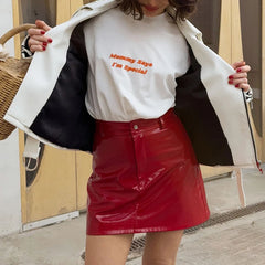 LIZAKOSHT - Women Y2k Red Bright Faux Pu Leather High Waist Button Mini Skirts Elegant Fashion Slim Fit Party Evening All-match Skirts