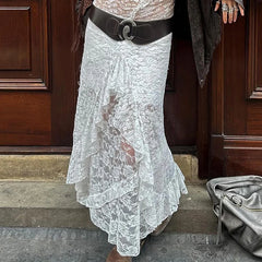 LIZAKOSHT - Fashion Irregular Lace See Through Long Skirt For Women Rose Jacquard Tassel Patchwork High Waisted Skirt Female Summer