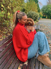 LIZAKOSHT - Casual Wine Red Women's Knitted Turtleneck Pullover Casual Oversized Long Sleeve Warm Jumpers Lady High Street Outerwears