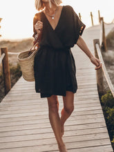 LIZAKOSHT - Cotton Linen V-Neck Loungewear Mini Dress, Women Summer Short Sleeve Solid Patchwork Party Dress, Lace-Up Elegant Ladies Dress