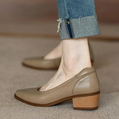 LIZAKOSHT - Women's Shoes Pumps Retro Brown Pointed Toe Thick Heels Spring Autumn Office Ladies Dress Pu Leather Fashion Elegant Woman Shoes
