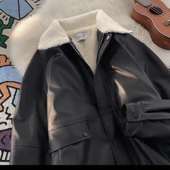 LIZAKOSHT - Winter Lapel Pu Leather Women Padded Jacket Faux Lamb Vintage Spliced Zipper Outwear Loose Highstreet Fleece Collar Warm Coat
