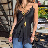 LIZAKOSHT - Sexy Satin Sling Tops Women V Neck Hollow Out Patchwork Lace Irregular Tank Top Female New Chic Solid Fashion Streetwears