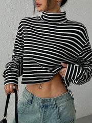 LIZAKOSHT - Spring and Autumn New Knitted Women's Casual Black and White Striped Fashion Design High Neck Long Sleeve T-Shirt