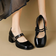LIZAKOSHT - Red Patent Leather Mary Janes Shoes 2025 Summer New Fashion Square Toe Women Pumps Comfort Chunky Heel Retro Ladies Single Shoes