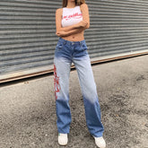 LIZAKOSHT - Casual Straight Denim Trousers Fashion Pocket Printed High Waist Long Jeans Pants Summer Women Hip Hop Goth Streetwear New
