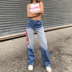 LIZAKOSHT - Casual Straight Denim Trousers Fashion Pocket Printed High Waist Long Jeans Pants Summer Women Hip Hop Goth Streetwear New