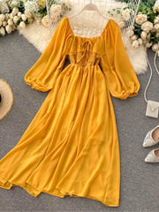 Lizakosht Elegant Square Collar Maxi Dress Women Solid Chiffon Puff Long Sleeve Elasticized Waist Korean Fashion Vintage Ruffle Vestidos