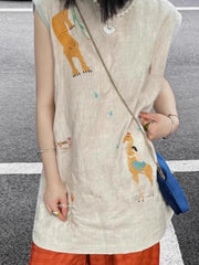 LIZAKOSHT - A Two-piece Set Casual Sleeveless Embroidered Top and High-waisted Wide-leg Pants Japanese Style Lazy Tanks Women's Clothing