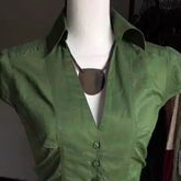 LIZAKOSHT - Y2k Short Blouses V Neck Solid Green Spring Summer Vintage Women Shirts Japanese Style Versatile Blusas Mujer