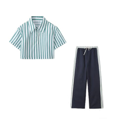 LIZAKOSHT  -  Women's Striped Shirt Trousers Suit Lapel Short-sleeved Top Side Striped Elastic Waist Pants Spring Summer New Chic Suit