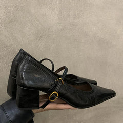 LIZAKOSHT - Brown Spring New Brand Women Mary Jane Shoes Fashion Round Toe Shallow Single Shoes Square Med Heel Dress Pumps Shoes