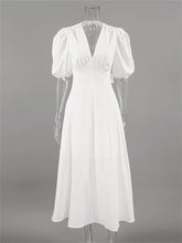 LIZAKOSHT - White Backless Summer Dress For Women Short Sleeve Slim V-Neck High Waist Elegant Commute Dress Female Bandage Long Dress