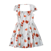 LIZAKOSHT - Summer New Flower Printed Square Collar High Waist Slim Dress Short Skirt