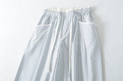 LIZAKOSHT - Summer White Blue Vertical Strips COTTON Wide leg Pants Women Rope Drawstring Elastic Waist Loose Casual Floor Length Trousers