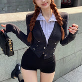 LIZAKOSHT - Fake Two-piece Multi-button Casual Long-sleeved Cardigan Women 2024 Autumn New Polo Collar Contrast Color Patchwork Knitted Tops