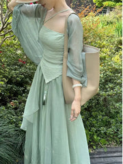 LIZAKOSHT - Retro Women 3PCS Dress Set Green Hanfu Suit Summer New Chinese Style Qipao DressMesh Cardigan Strap Vestidos Cheongsams Costumes