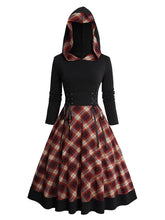 LIZAKOSHT - Women's Spring Winter Dresses Hooded Plaid Panel Lace Up Long Sleeve Midi Dress New