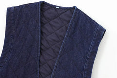 LIZAKOSHT - Casual Solid Denim Cotton Vest for Women Autumn Winter V-Neck Sleeveless Short Tops Female Waistcoat Streetwear