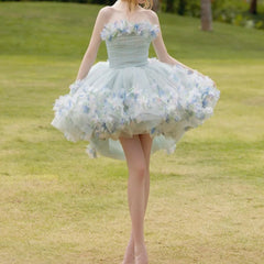 LIZAKOSHT - Blue Short Three Dimensional Flower Adult Ceremony Birthday Banquet Sweet Cocktail Party Blossoms Puffy Evening Dress