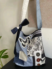 LIZAKOSHT - New Niche Design Butterfly Plaid Splicing Bucket Cloth Bags Causal Versatile Single Shoulder Crossbody Bag