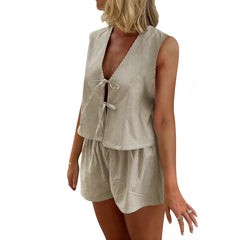 LIZAKOSHT - Striped Two Piece Set for Women Sexy V Neck Tie Front Sleeveless Tank Top and High Waist Shorts y2k Clothes Streetwear