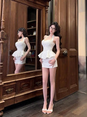 LIZAKOSHT - Elegant Ruffles Patchwork Sexy Halter Strapless Vest for Women+ Slim Waist Bodycon Skirts 2025 Summer New Two Piece Sets