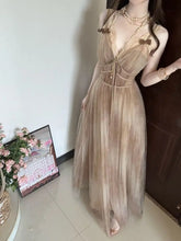 LIZAKOSHT - Korean Fashion Elegant Vintage Tie Dye Apricot Tulle Lace V Neck Sleeveless Tie Waist Maxi Dress Women Vacation Party Daily Wear