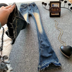 LIZAKOSHT  -  American Retro Blue Washed Micro-flared Jeans Women Y2K Fashion Street Hot Girls Loose Casual Stretch Low Rise Wide Leg Jeans