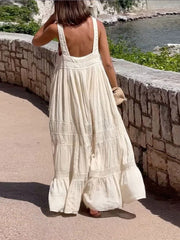 LIZAKOSHT - Summer Women Vacation Pachwork Maxi Dress Chi Elegant Square Neck Sleeveless Backless Pleated Vestidos 2024 Lady Vacation Robes