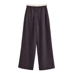 LIZAKOSHT - Casual Striped Drawstring Trousers for Women New High Waist Straight Loose Wide Leg Office Lady Long Pants