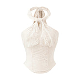 LIZAKOSHT - Hollow Tie Up Halter Printed Neck Solid Color Corset Top Summer 2025 Fashion Lace Streetwear Woman Elegant Sexy Tank Tops
