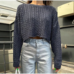Lizakosht Dark Grey Retro Women's Knitted Jumper Pulloer Long Sleeve Loose Fashion Cropped Top Sweater Autumn Chic Casual Lady Streetwear