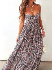 LIZAKOSHT - Women Elegant Floral Print Sling Dress Sexy Off Shoulder Backless Long Pleated Party Dress Fashion Hight Waist Swing Bohe Dress